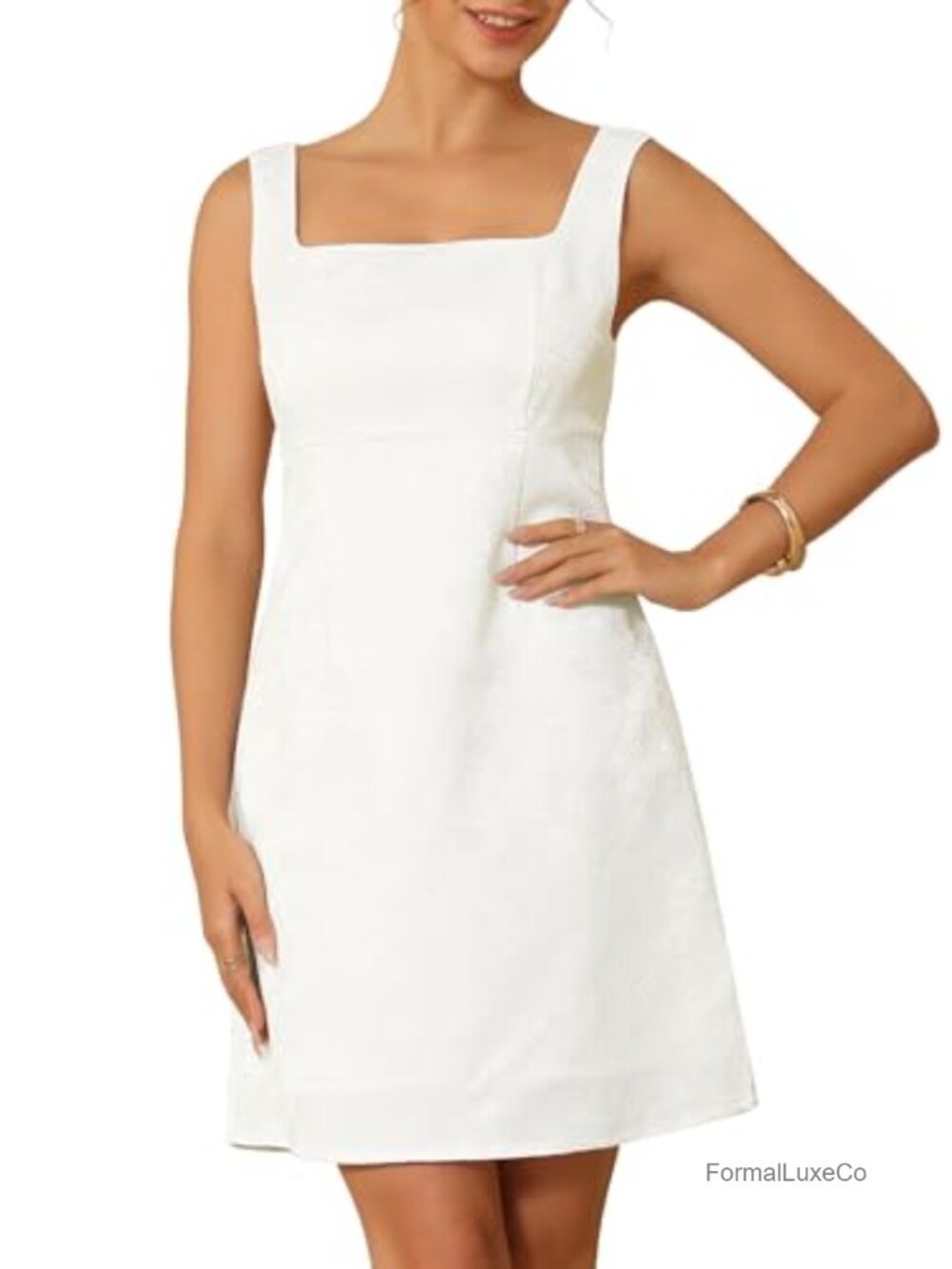 WOMLAYOUT Jacquard Embroidery Satin Mini Cocktail Dress Square Neck Sleeveless